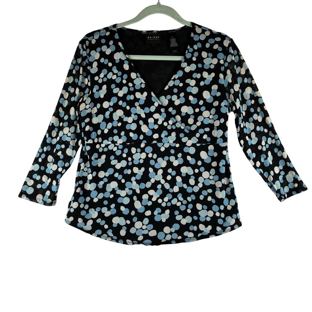 Axcess Blouse Women's Medium Black Polka Dot Mesh Overlay Faux Wrap Careerwear